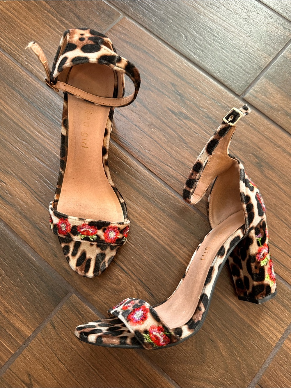 Madden Girl Leopard Print Ankle-Strap Heels with Red Floral Embroidery